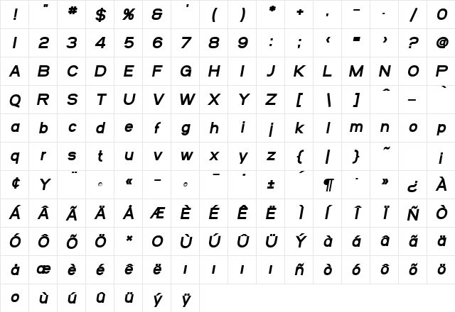SF Arborcrest Heavy Oblique Character Map