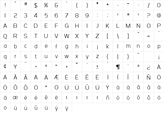 SF Arborcrest Light Regular Character Map