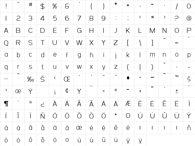 SF Arborcrest Light Regular Character Map