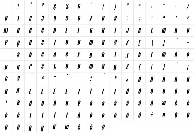SF Baroquesque Extended Oblique Character Map