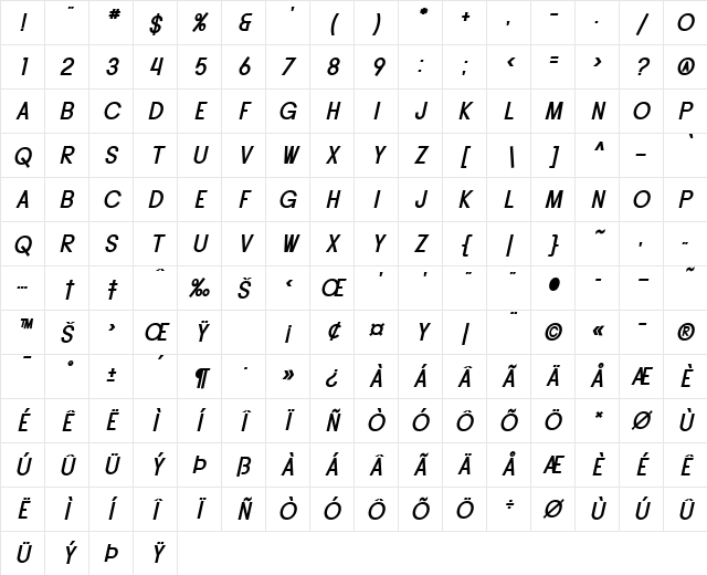 SF Buttacup Lettering Bold Oblique Character Map