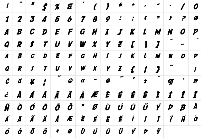 SF Comic Script Bold Character Map