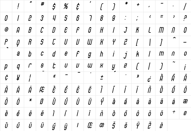 SF Eccentric Opus Condensed Oblique Character Map