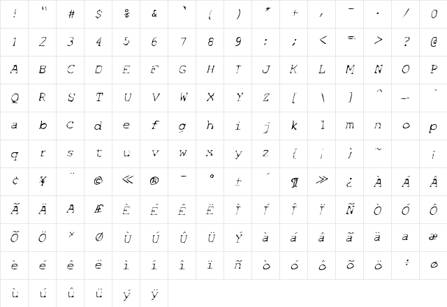 SF Espionage Light Oblique Character Map