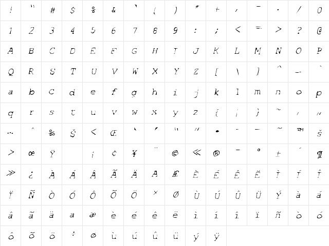 SF Espionage Light Oblique Character Map