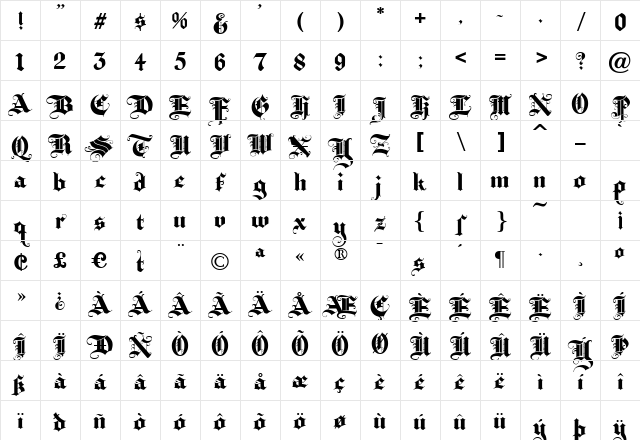 BaroqueTextJF Regular Character Map BaroqueTextJF Regular Character Map
