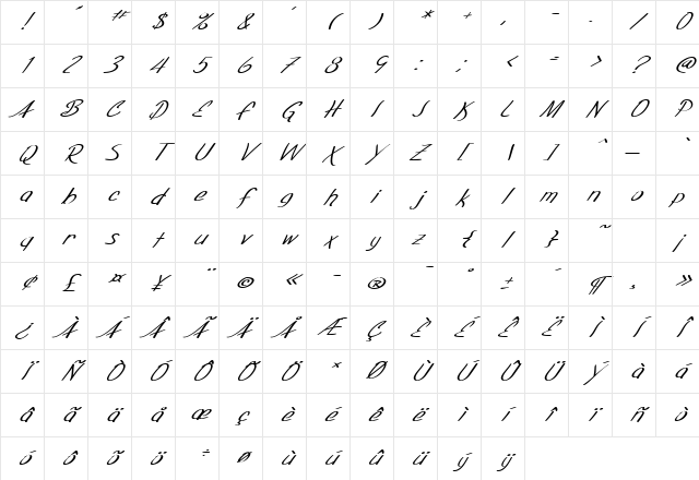 SF Foxboro Script Extended Italic Character Map