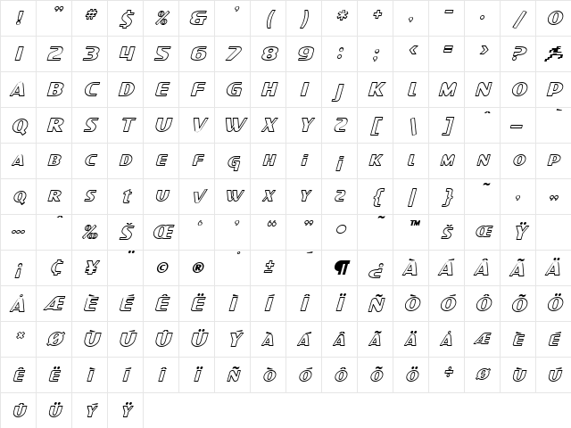 SF Intellivised Outline Italic Character Map