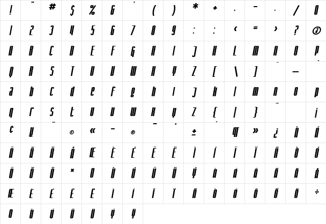 SF Iron Gothic Bold Oblique Character Map