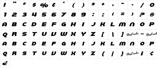 SF Juggernaut Bold Italic Character Map