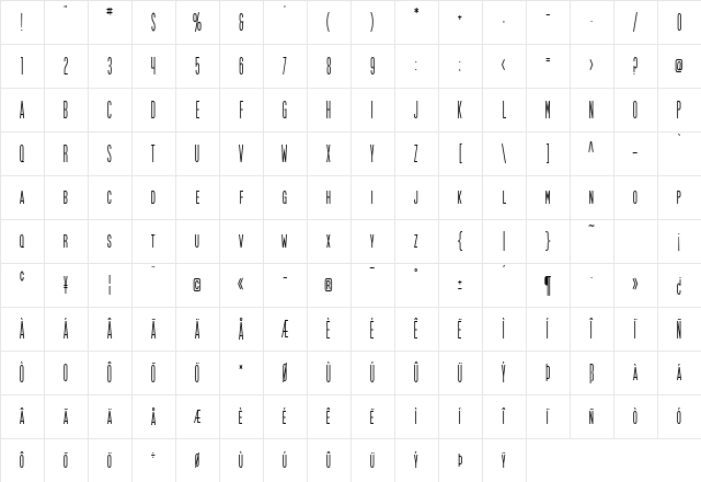 SF Movie Poster Condensed Regular Character Map