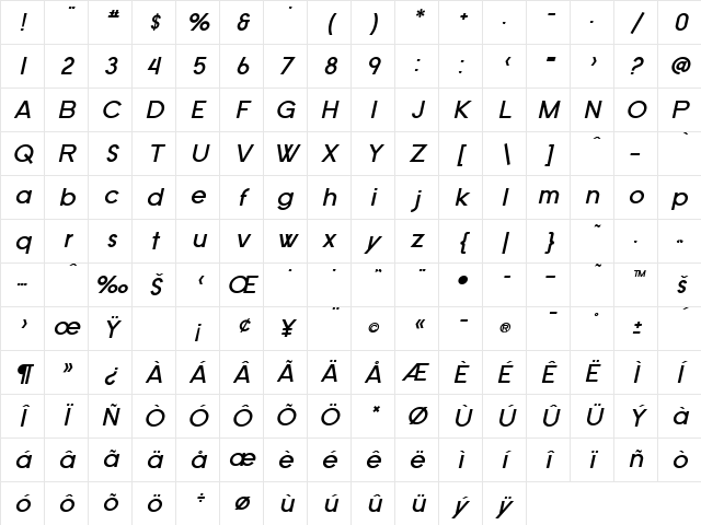 SF Old Republic Bold Italic Character Map