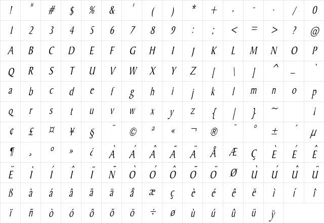 Barrett Thin Italic Character Map