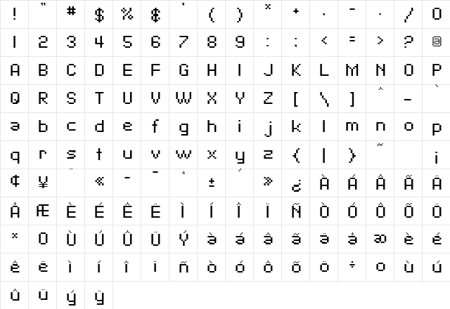 SF Pixelate Regular Character Map