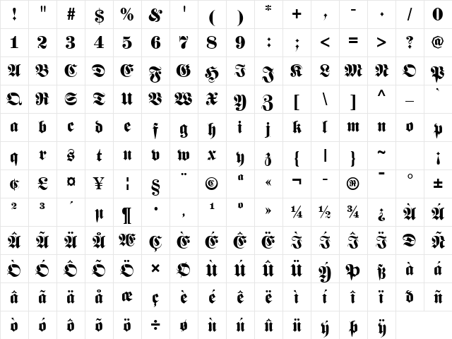 Barron Regular Character Map