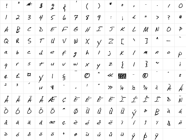 BarrysHand Bold Character Map