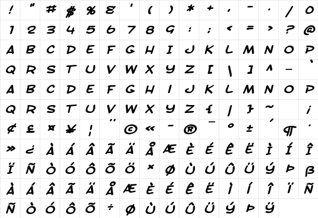 SF Toontime Extended Bold Italic Character Map