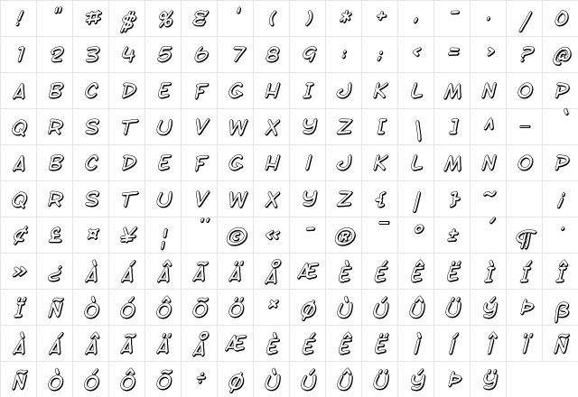 SF Toontime Shaded Italic Character Map