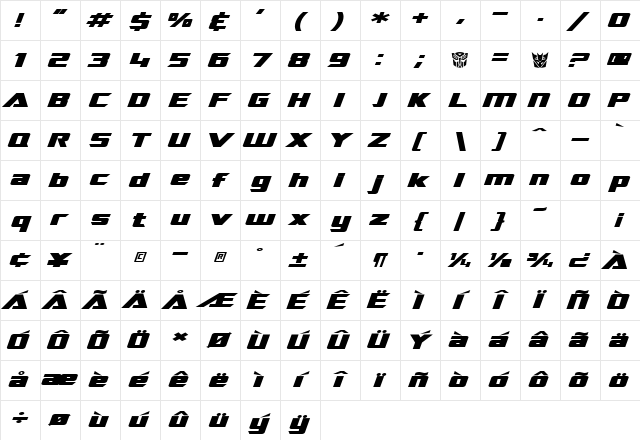 SF TransRobotics Extended Bold Italic Character Map SF TransRobotics Extended Bold Italic Character Map