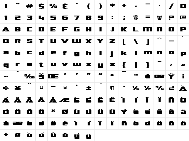 SF TransRobotics Extended Bold Character Map