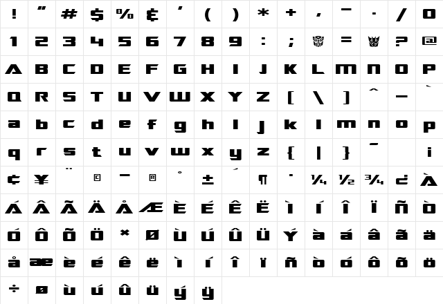 SF TransRobotics Extended Regular Character Map SF TransRobotics Extended Regular Character Map
