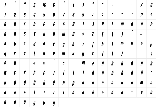 SF Willamette Bold Italic Character Map