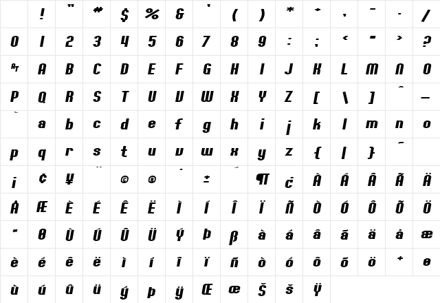 SF Willamette Extended Bold Italic Character Map SF Willamette Extended Bold Italic Character Map
