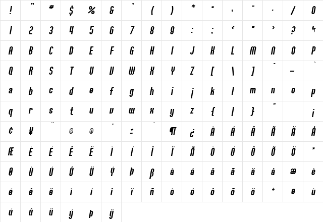 SF Willamette Italic Character Map
