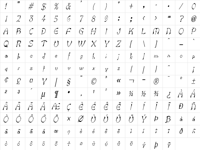 Bart Thin Italic Character Map