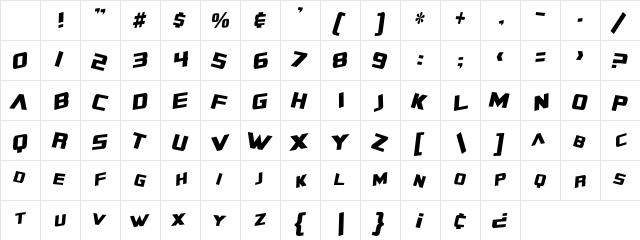 SF Zero Gravity Condensed Italic Character Map SF Zero Gravity Condensed Italic Character Map