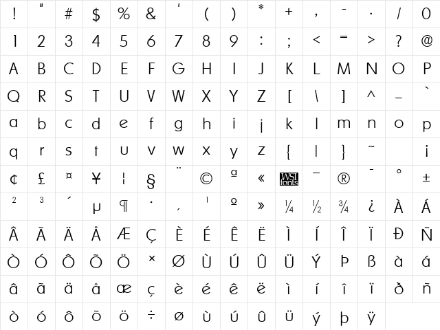 SharnayExtralight Regular Character Map