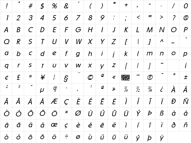 SharnayLight Italic Character Map SharnayLight Italic Character Map