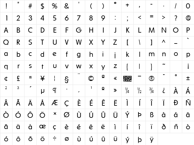 SharnayLight Regular Character Map