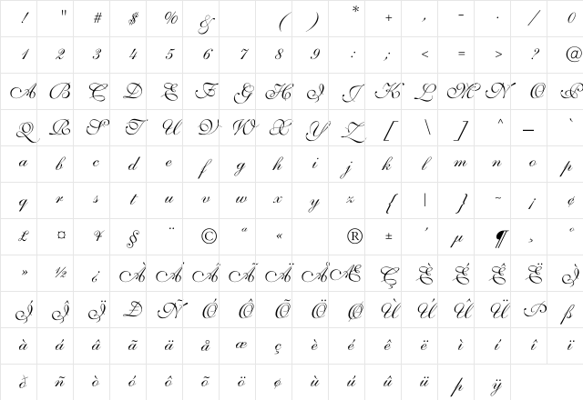 Shelley-VolanteScript Regular Character Map