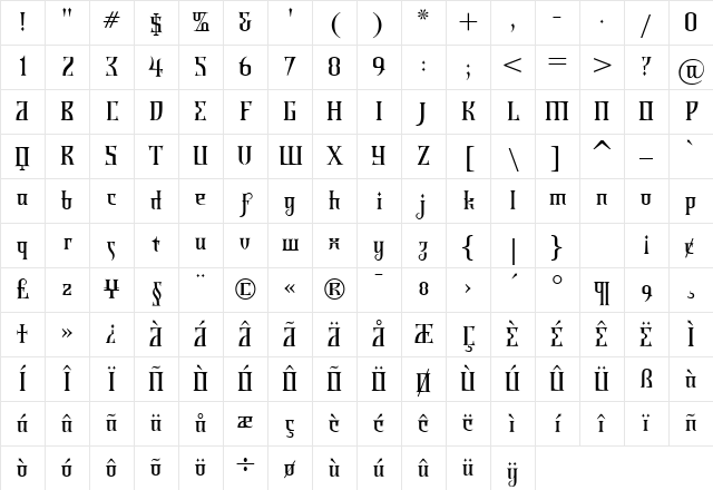 Shiraz Medium Character Map