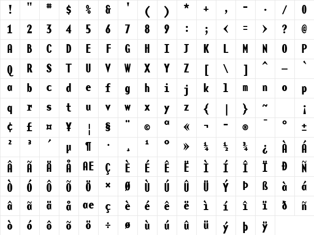 BaseMonoNarrowBold Bold Character Map