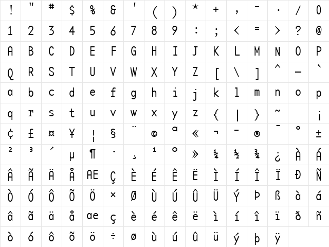 BaseMonoNarrowThin Regular Character Map