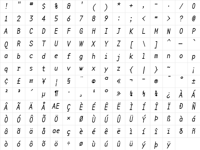 BaseMonoNarrowThinItalic Italic Character Map