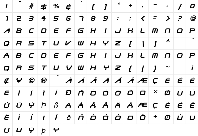 Shuttle Italic Character Map