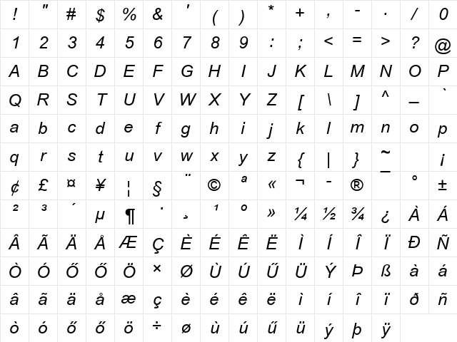 H-Arial Italic Character Map