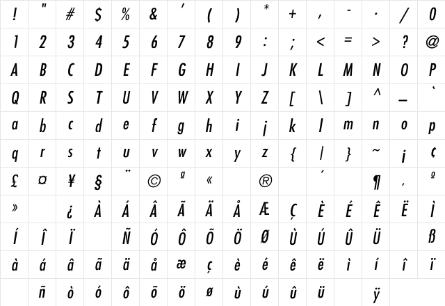 Silverleaf Cond Italic Regular Character Map