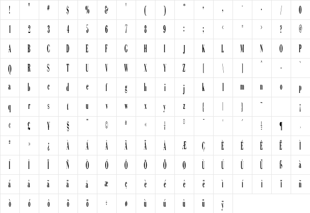 Sinema Display SSi Extra Condensed Character Map