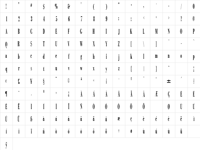 SinemaDisplayExtraCondSSK Regular Character Map