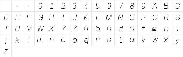 Base Neue ExtLt Wide Obl Italic Character Map