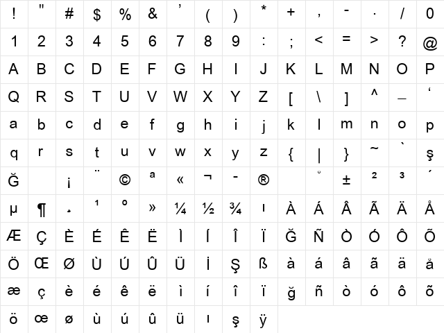 ArialMT Light Character Map