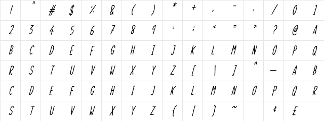 Skinny Things Italic Character Map
