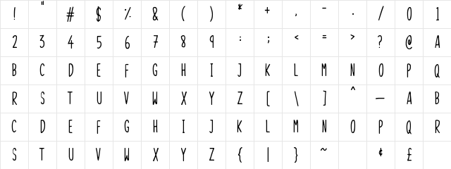 Skinny Things Regular Character Map