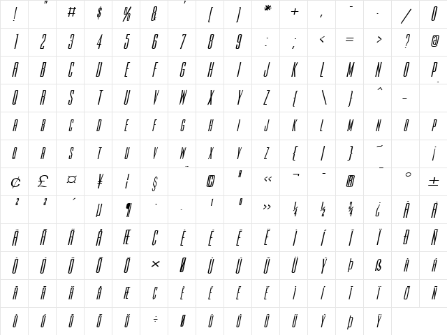 Slim Jim-Extended Bold Italic Character Map
