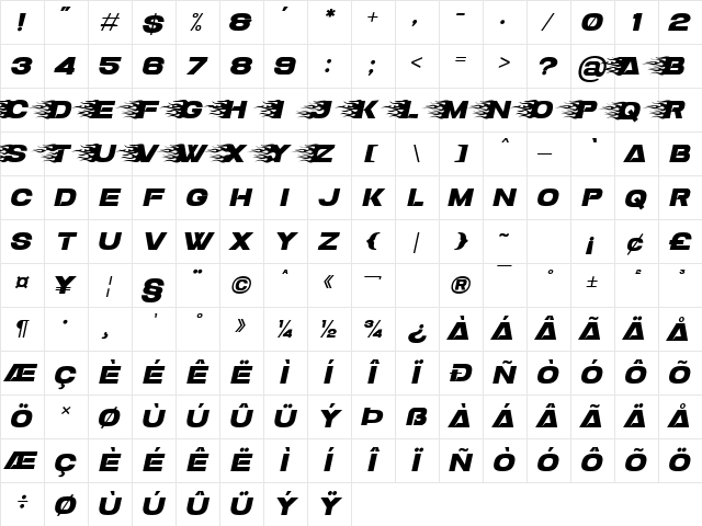 Slugs Racer Regular Character Map