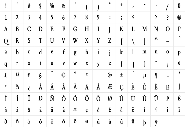Smedley Condensed Bold Regular Character Map